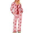 thumbnail image 2 of Cozyvia Women's Santa Bow Tie Pajama Set, Christmas Long Sleeve Shirt Pant Pjs, Silky Satin Graphic 2-Piece Holiday Sleepwear - Red XXL, 2 of 7