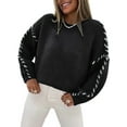 thumbnail image 2 of Females Oversized Sweaters Contrast Stitching Crewneck Sweater Cable Knit Pullover Jumper Pullovers Black M, 2 of 7