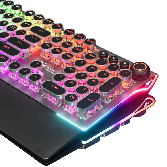 RK ROYAL KLUDGE X108 Typewriter Style Mechanical Keyboard, Wired Gaming Keyboard 108 Keys RGB Backlit Sidelight, Detachable Wrist Rest, Volume Knob,