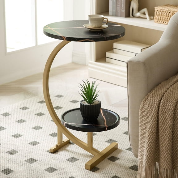 Kings Brand C-Shaped Side Table with 2-Tier Storage Shelf – Modern Round Wood Accent End Table with Gold Metal Frame, Space Saving Snack Laptop Table for Sofa, Couch, Living Room, Bedroom (Black)