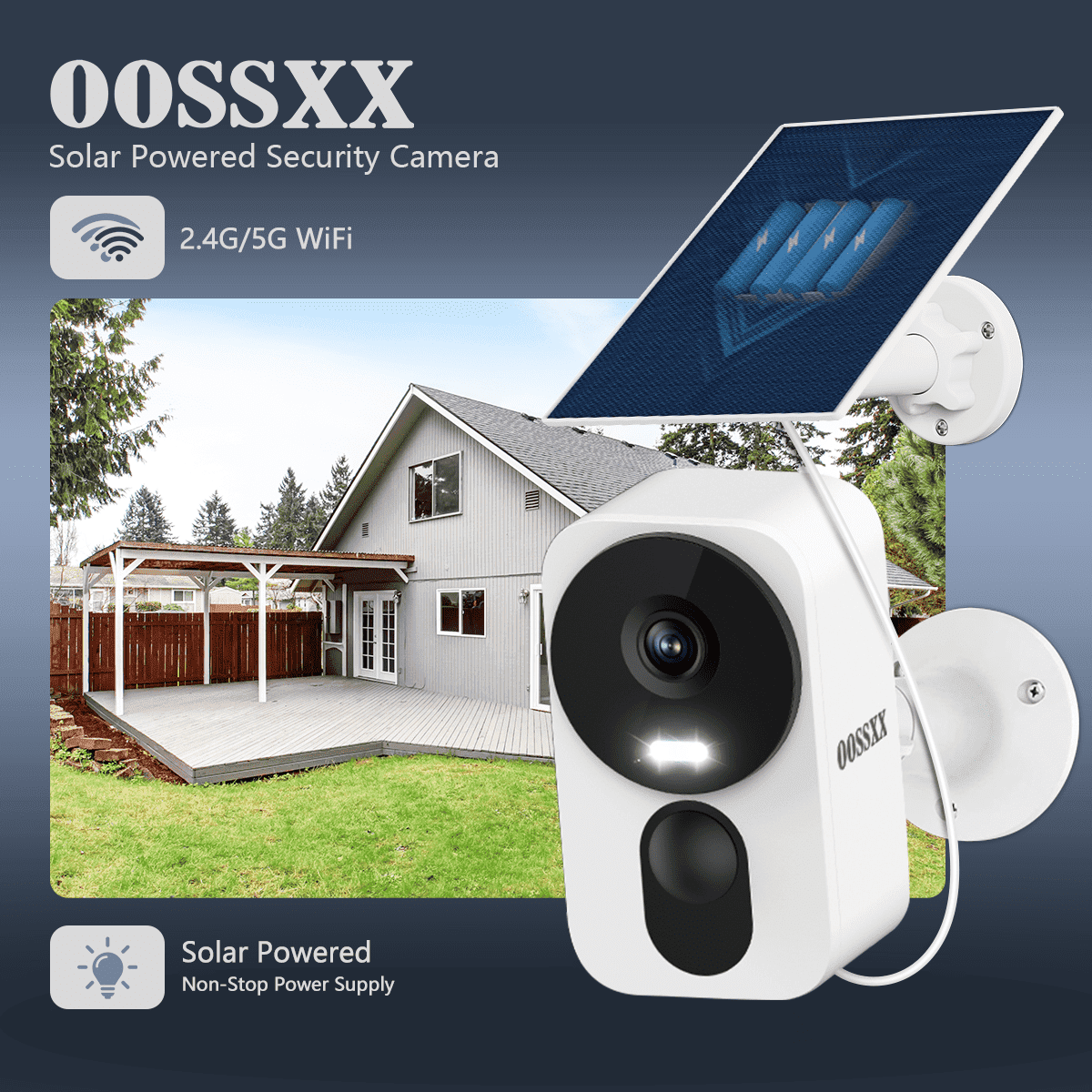 OOSSXX 2.4GHz/5GHz Solar Security Camera Outdoor, 4MP Wireless WiFi Home Surveillance Camera