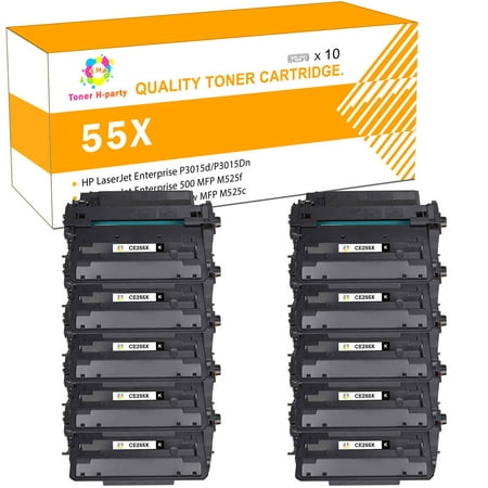 Toner H-Party 10-Pack Compatible toner for HP 55X CE255X LaserJet P3015Dn P3015x MFP M525f M525dn M521dn M521dw Laser Printer ink (Black) Toner H-Party offers you a wide variety of premium items at extremely competitive prices. We are committed to providing you with the highest level of customer service and our friendly and helpful staffs are always available to provide assistance  answer any questions you may have or help in any way that is required. We go the extra mile to ensure that your shopping experience is smooth and hassle free. Product Specification: Brand: Toner H-Party Compatible Toner Cartridge Replacement for: HP CE255X/GPR-40H CE255X/GPR-40H Compatible Toner Cartridge Replacement for Printer: HP LaserJet P3011  LaserJet Enterprise P3015d/P3015Dn/P3015x/P3016  LaserJet Enterprise 500 MFP M525f/M525dn  LaserJet Enterprise flow MFP M525c  LaserJet Pro 500 MFP M521dn/M521dw; Canon i-SENSYS LBP6750dn/LBP6780x Pack of Items: 10-Pack Ink Color: 10 * Black Page Yield (based upon a 5% coverage of A4 paper): 10*12 500 Pages Cartridge Approx.Weight : 32.41 Pounds Cartridge Dimensions (Per Pack): 13.39 x 9.45 x 9.84 Inches Package Including: 10-Pack Toner Cartridge