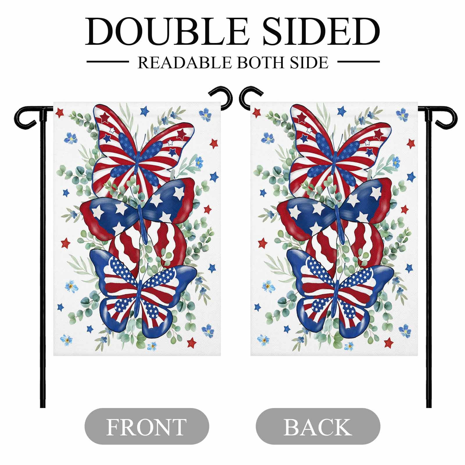 4th of July Garden Flags Patriotic Star Butterfly Garden Flag Double Sided Welcome Flag Eucalyptus Leaves Independence Day Yard Flags for Outdoor Lawn Porch Memorial Day Holiday Decor 28x40 Inch