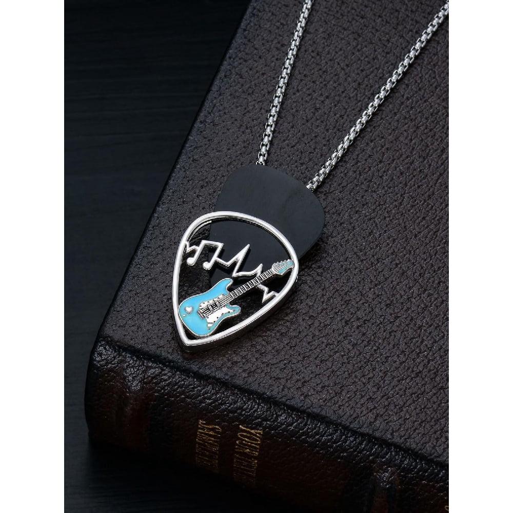 CACA LADY Black Guitar Pick Holder Necklace Sterling Silver Soundwave Pendant Holder with Music Note Pendant Jewelry for Musicians and Music Lovers, Blue