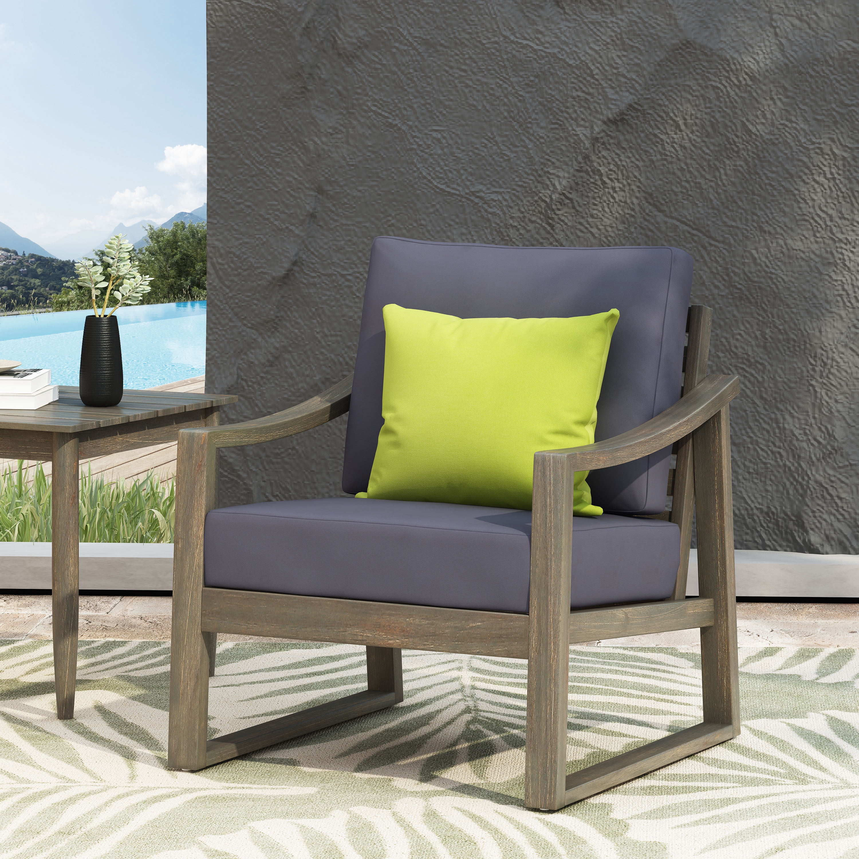 Outdoor Single Leisure Seat Chair, Acacia Wood Frame Relaxing Seat for Patio Garden, Gray and Dark Gray