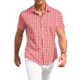 thumbnail image 2 of Fabrcox Mens Button Down Shirt Short Sleeve Plaid Collared Mens Fishing Shirt Summer Color Block Breathable Sun Shirts for Men Red 4XL, 2 of 6