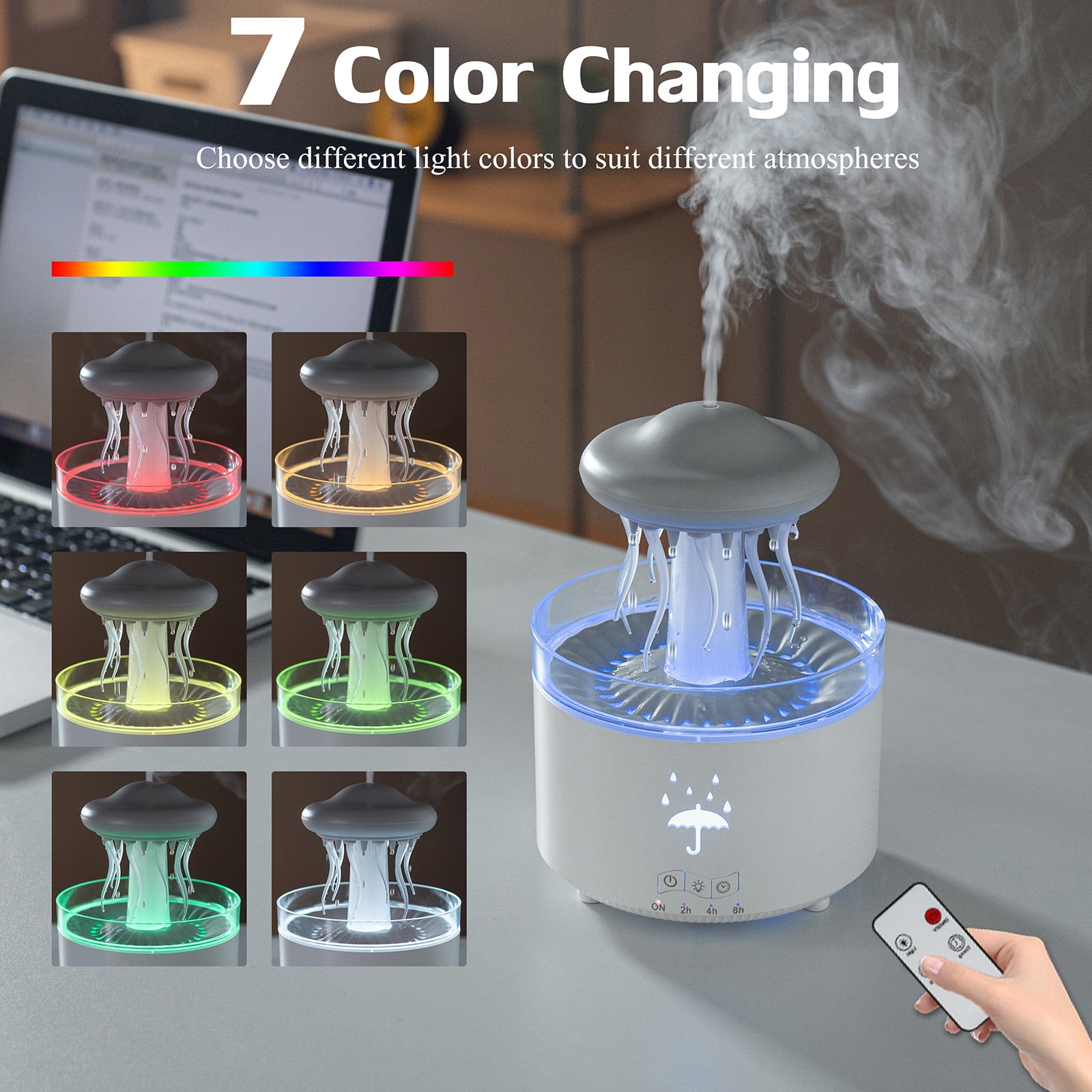 Humidifier for Bedroom, 7-Color Rotatable Dancing Jellyfish Rain Humidifier with Water Drip Effect, 300ML Small Humidifier Aroma Diffuser with Remote & Timer, Cute Humidifier Gift for Kids Teen Women