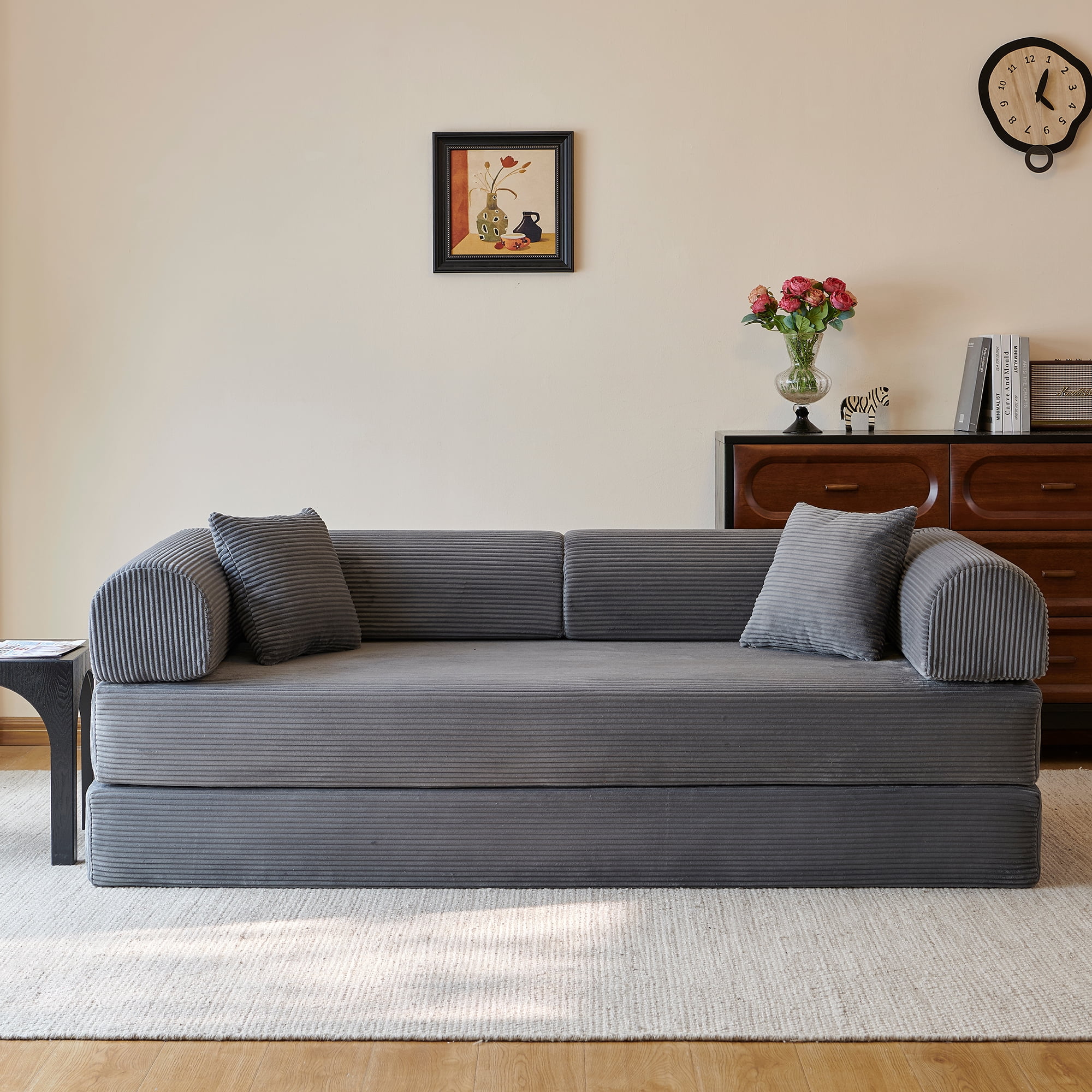 78.8" Compression Boneless Floor Sofa Bed, Convertible Couch with L-Shaped Armrests, Upholstered Modular Futon Sleeper Loveseat