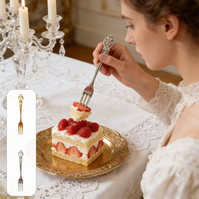 Mango vintage hueco de tenedor de postre de acero inoxidable | Oro, Plata | 5,11 pulgadas de largo | Vajilla resistente al óxido ideal para helado, pudin, café, té, cocina, regalos