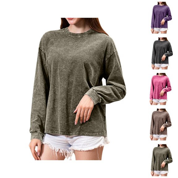 Womens Oversized Vintage Acid Wash Tshirts Loose Fit Long Sleeve Shirts Solid Color Basic Tee Casual Streetwear Workout Sweatshirt for Fall Winter