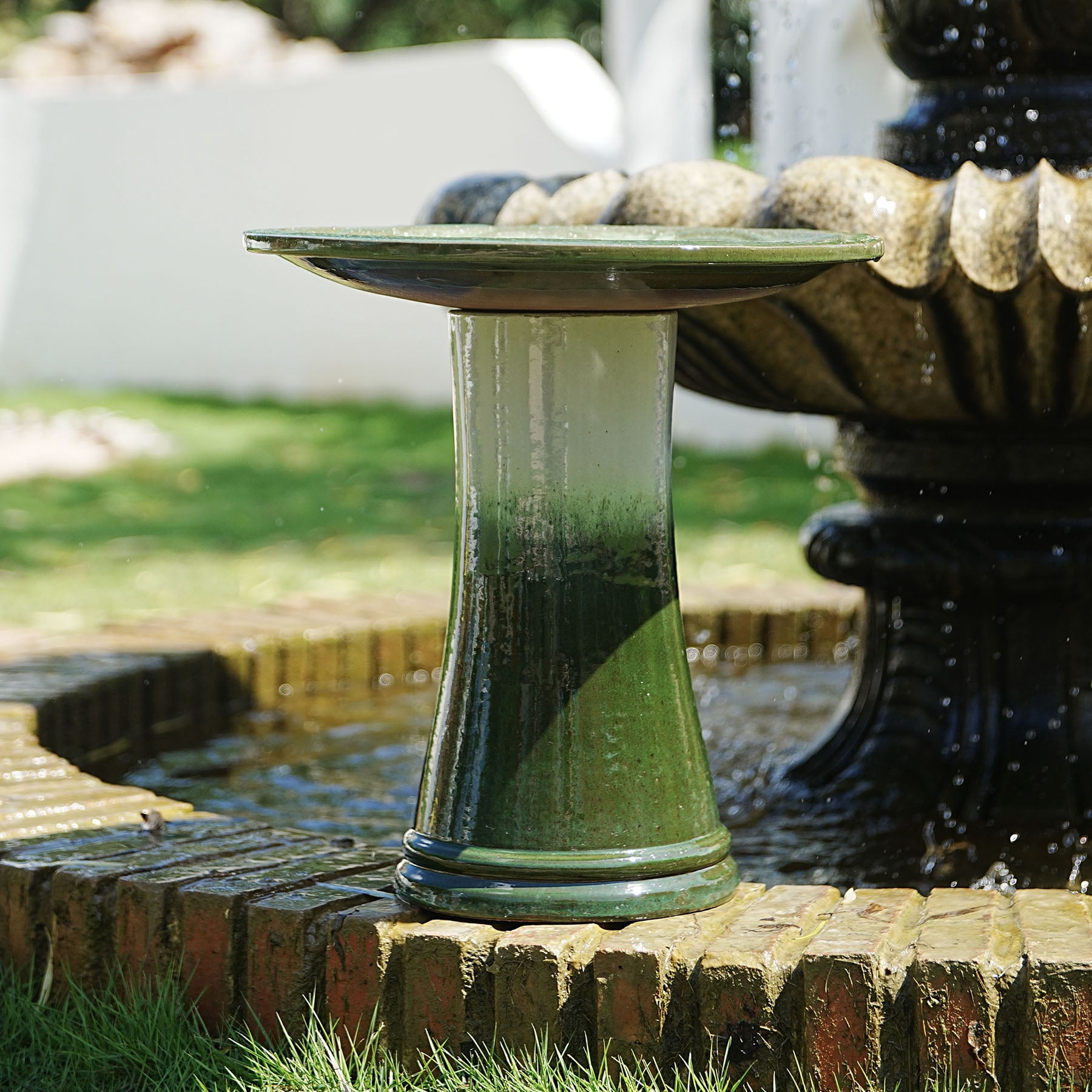 S-HOME Handcrafted 17 Inch Ceramic  Tall Outdoor Bird Bath Featuring Swirl Pattern Design For Bird Lovers, Grass Green