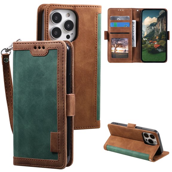 Wallet Case for iPhone 15,Decase Double Color Retro Style Protective PU Leather Folio Cover with Card Holder & Hand Strap,Men Women Stylish Flip Case,for Apple iPhone 15 - Green