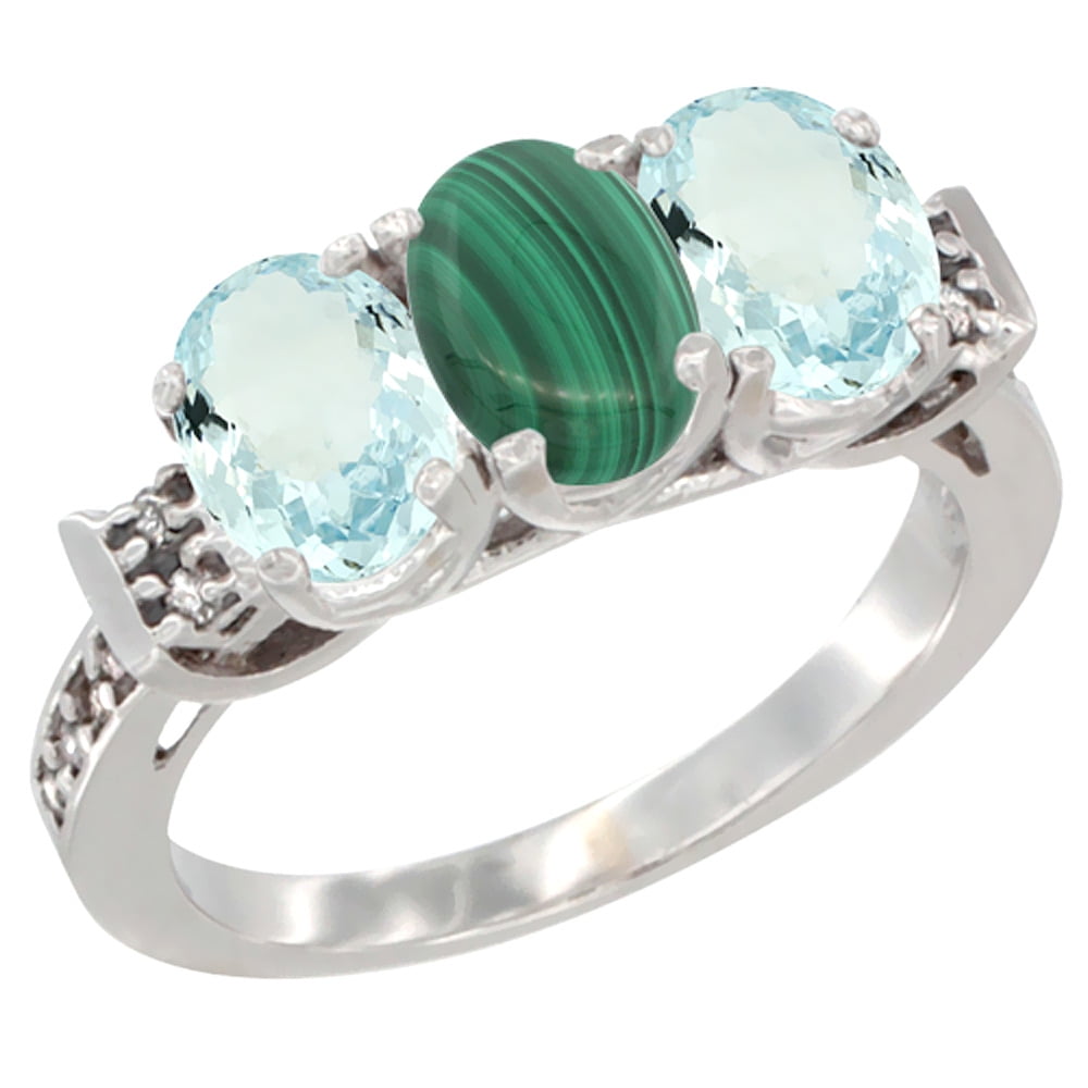 10K White Gold Natural Malachite & Aquamarine Sides Ring 3-Stone Oval 7x5 mm Diamond Accent, sizes 5 10 by WorldJewels