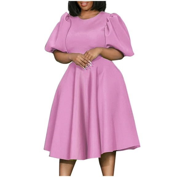 Spring Savings Clearance Lindreshi Fall Dresses for Women 2023 Homecoming Dresses Women Fashion Color Round Neck Large Skirt Hem Waist Retraction Dress
