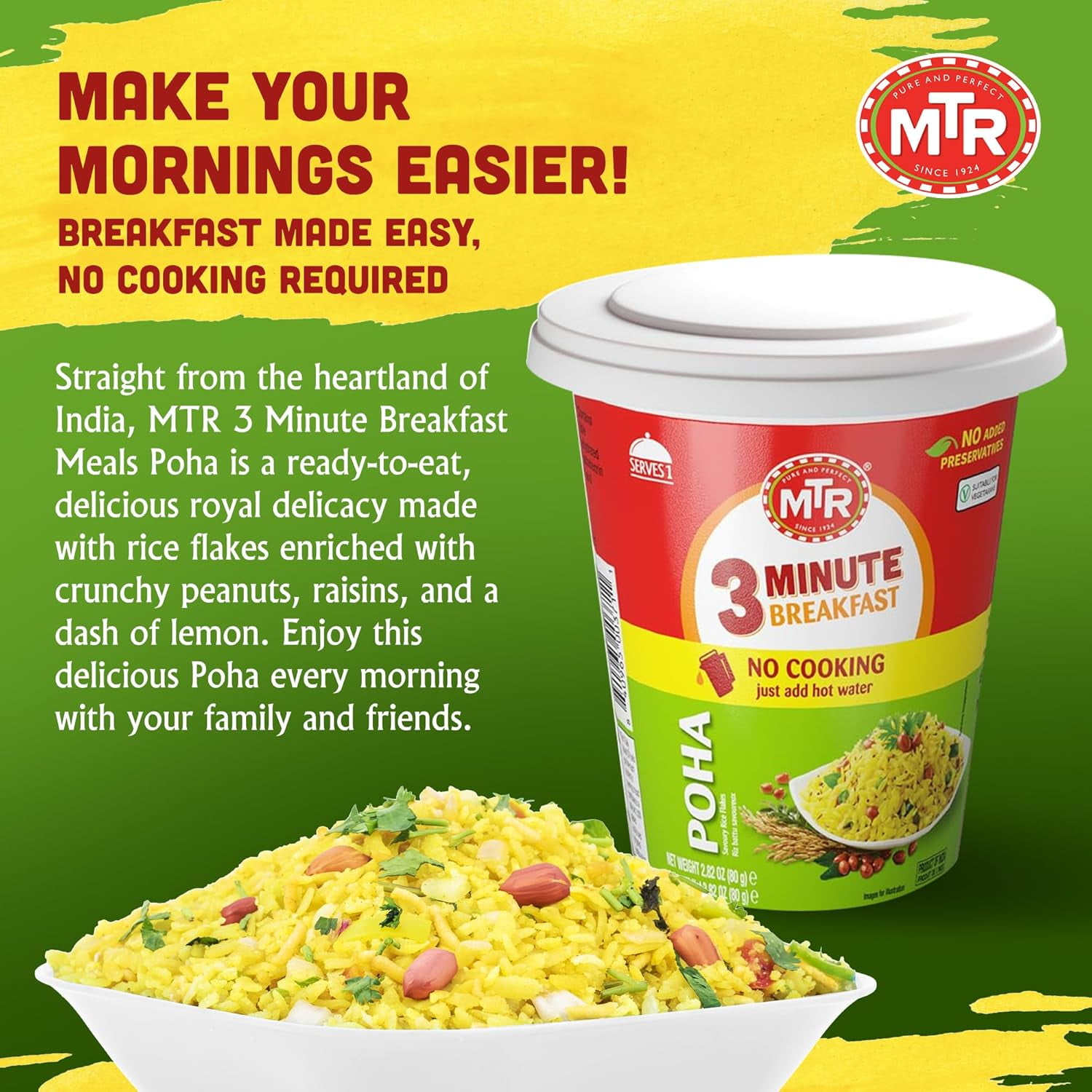 MTR 3 Minute Regular Poha (80g, Pack of 6) – Ready-to-Cook Indian Breakfast Cup, No Preservatives, Just Add Hot Water, Quick Vegetarian Meal in Minutes