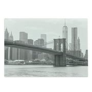 Landscape Cutting Board, Photo of Brooklyn Bridge over East River and Tall Buildings Skylines at the Back, Decorative Tempered Glass Cutting and Serving Board, Large Size, Grey White, by Ambesonne