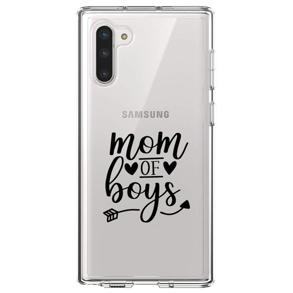 DistinctInk Clear Shockproof Hybrid Case for Samsung Galaxy Note 10 (6.3" Screen) - TPU Bumper Acrylic Back Tempered Glass Screen Protector - Mom of Boys