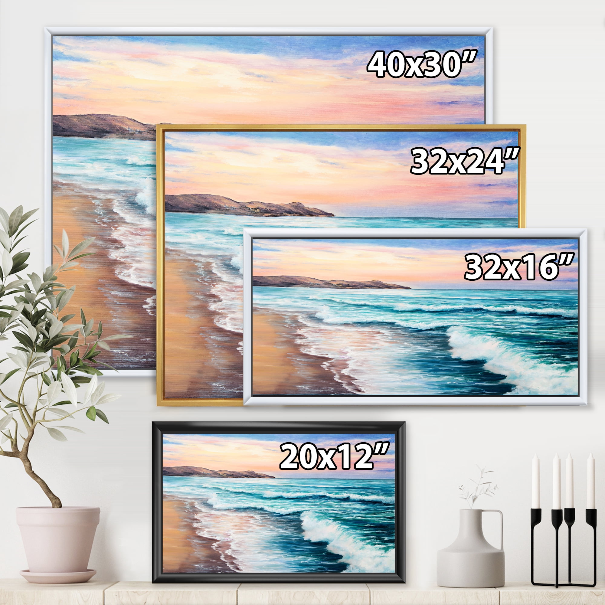 Designart 'Sunrise Glow On The Ocean Waves III' Nautical & Coastal Framed Canvas Wall Art Print