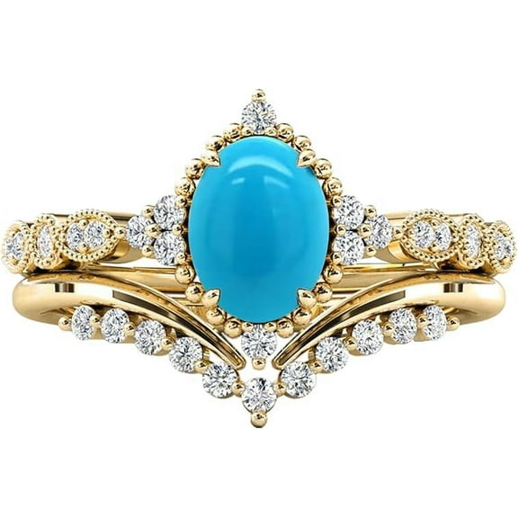 beryl_creation 925 Sterling Silver 2.00 Ct Oval Cut Turquoise & White Diamond Wedding Valentine's Anniversary Christmas Bridal Ring Set 14K Yellow Gold Plated For Women's -5.5