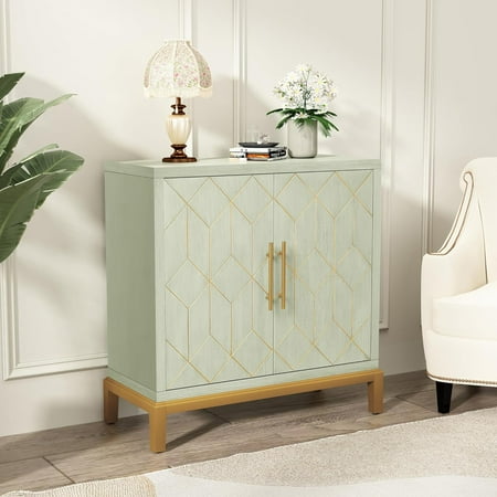 ARTPOWER Accent Cabinet with Doors, Modern Wooden Sideboard, Carved Decorative Storage Cabinets for Living Room, Kitchen, Office, and Hallway, Green with Gold Legs
