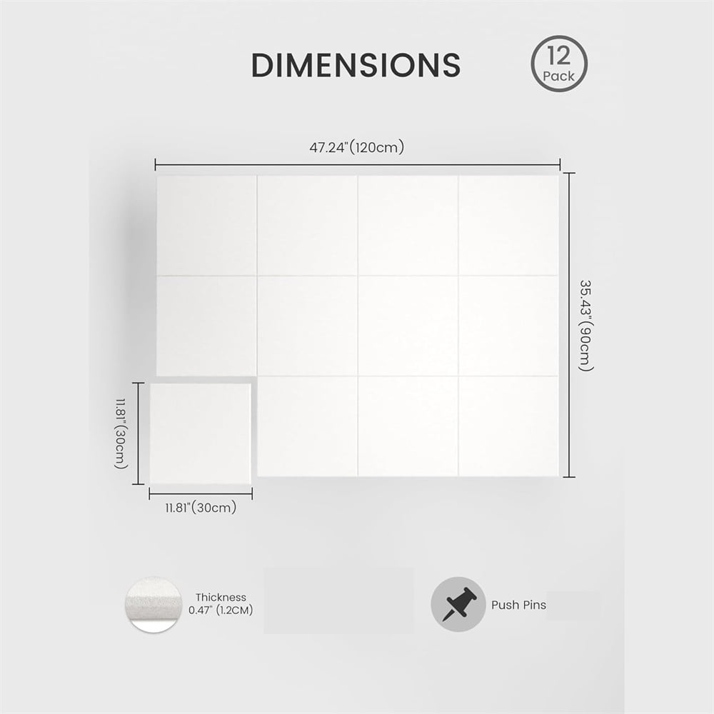 Yahome 12Pcs Felt Bulletin Board Each 12 Inch Self Adhesive Felt Wall Tiles with Pushpins for Office Wall Decor Push Pin Board Wall Home Office (White)