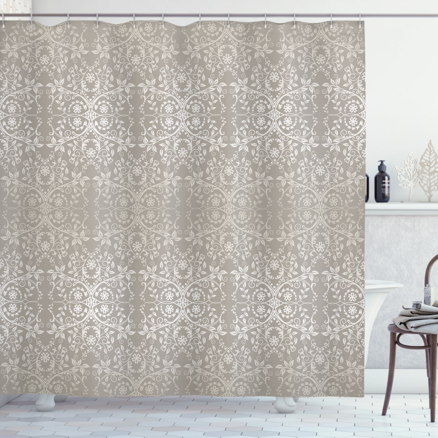Grey Shower Curtain, Victorian Lace Flowers and Leaves Retro Background