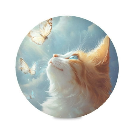 

Round Plate Mat 15.4x15.4 Inchesx1 Placemat Table Mat Kitchen Mat Coffee Mat Fabric Thick Strong Wear-Resistant Heat Resistance Cute Cat and Butterflies