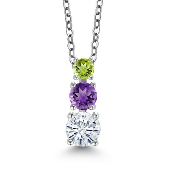 Gem Stone King White Moissanite Purple Amethyst Green Peridot 3 Stone Pendant Necklace for Women (0.87 cttw, Gemstone Birthstone, Round 5MM, 4MM and 3MM, with 18 inch Chain)