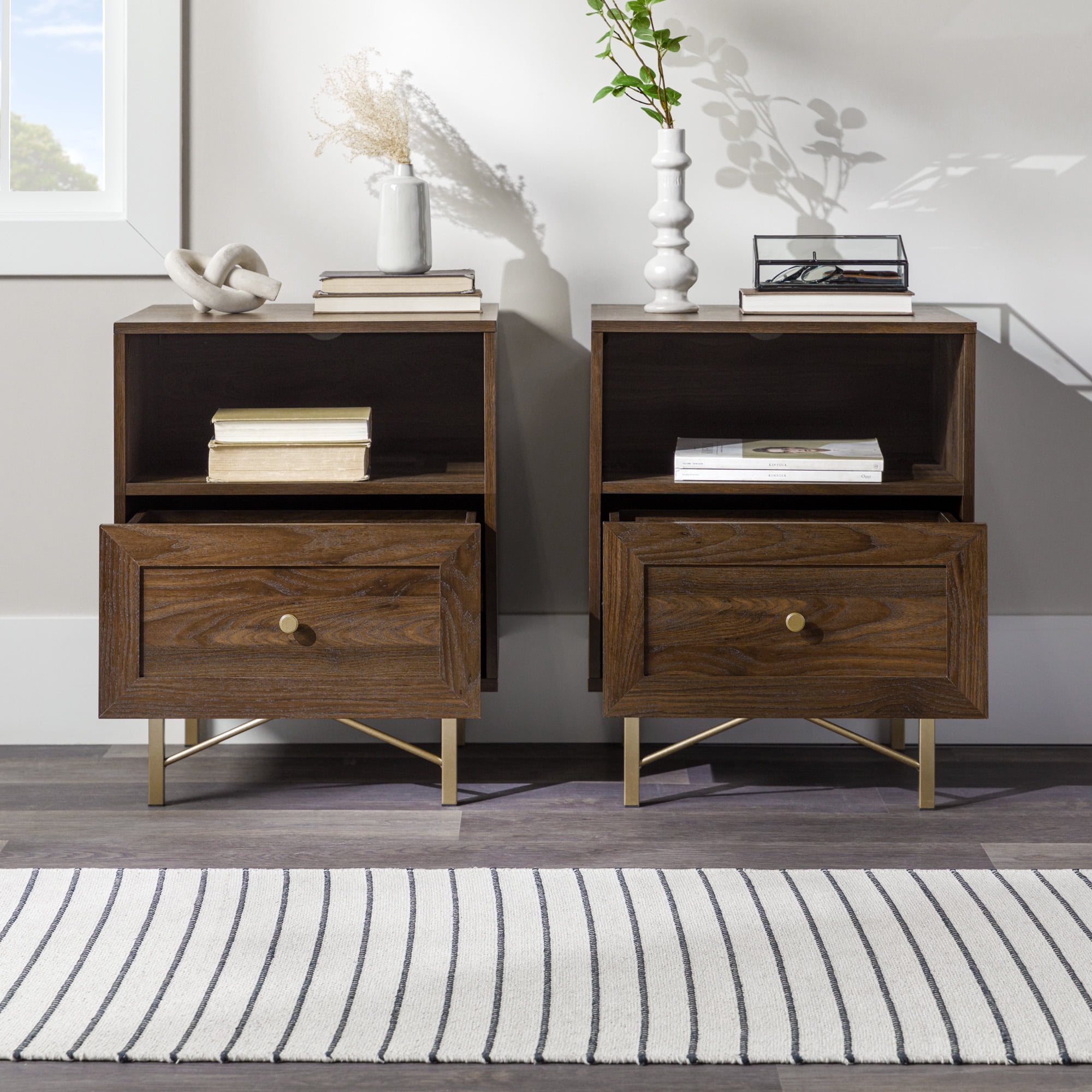 Walker Edison Modern Single Drawer Nightstand, Set of 2, Dark Walnut