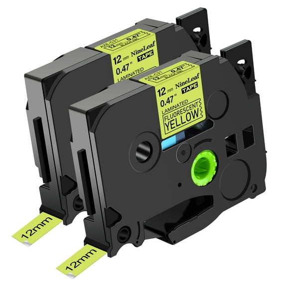 NineLeaf 2 Pack Compatible for Brother P-touch TZe-C31 TZ-C31 12mm 1/2'' Black on Fluo Yellow Laminated TZe TZ Label Tape 0.47" x 16.4ft
