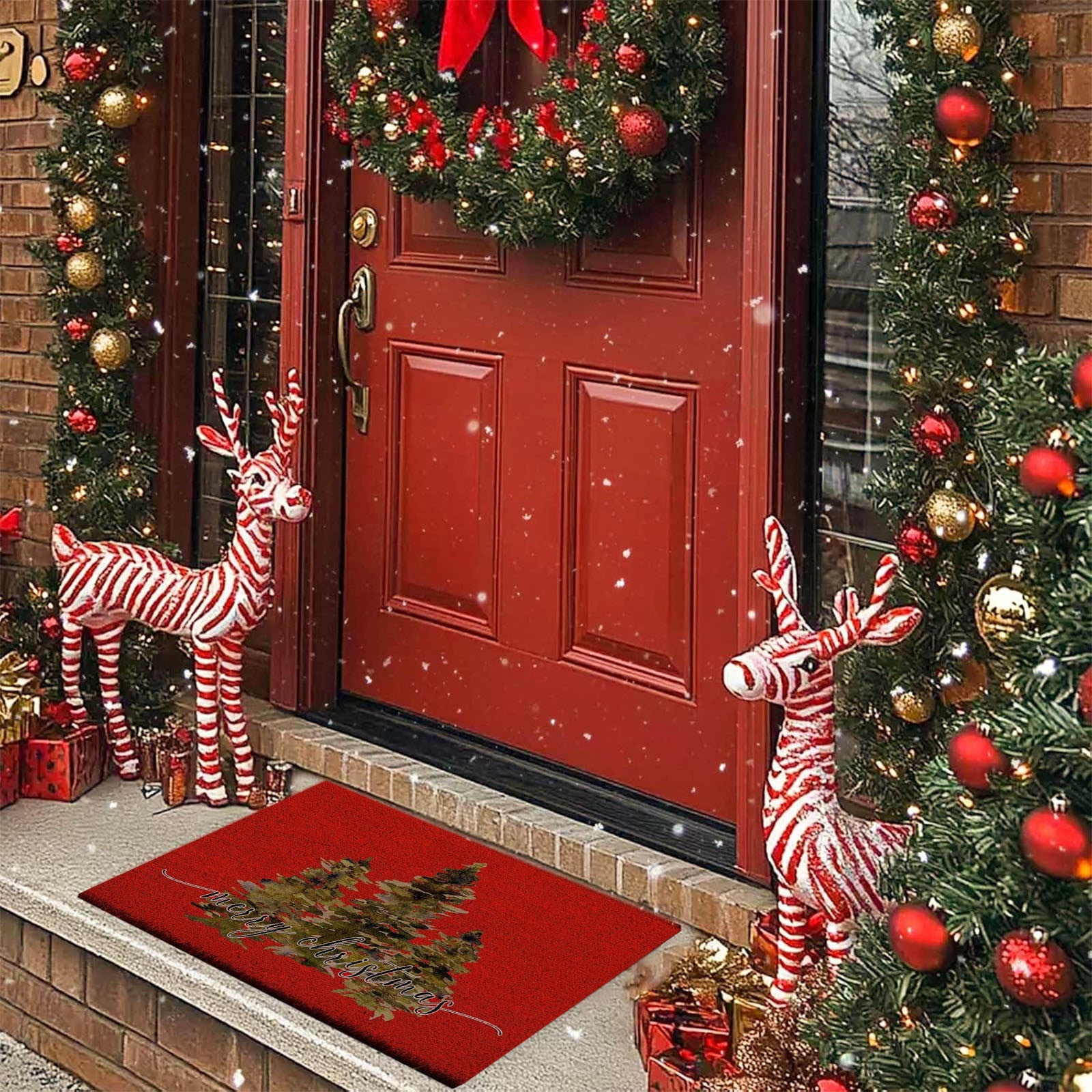 Christmas Welcome Natural Coir Door Mat, Forest Christmas Tree Front Door Outdoor Doormat Outside Entrance Porch Non Slip Rubber Rug Winter Xmas Farmhouse Decor 24*35in M-C