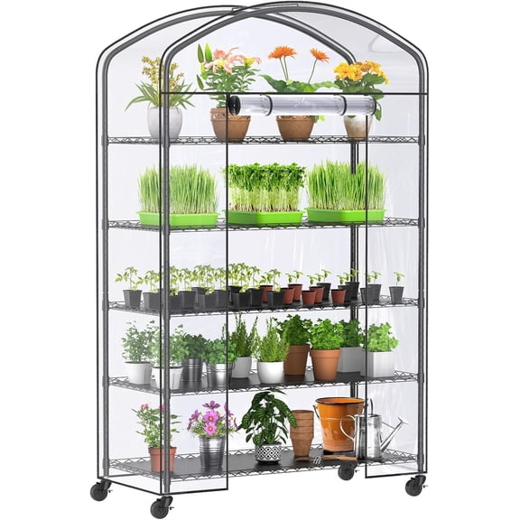 Abimars 5-Tier Greenhouse with Caster Wheel, Each Shelf Height Adjustable Metal Shelf with PVC Cover for Seed Starting Trays, Seedling Pots, Pots, 21x49x80inch