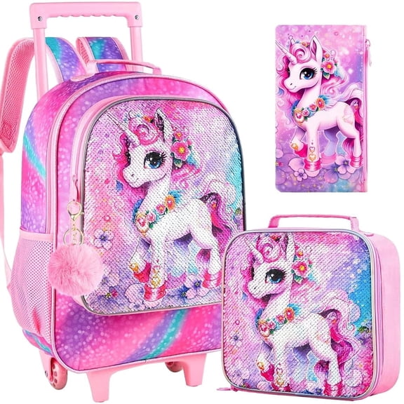 3PCS Girls Rolling Bookbag, Cute Kids Sequin Wheeled Bookbag,Pink Unicorn Roller School Bag with Wheels for Elementary Preschool Travel