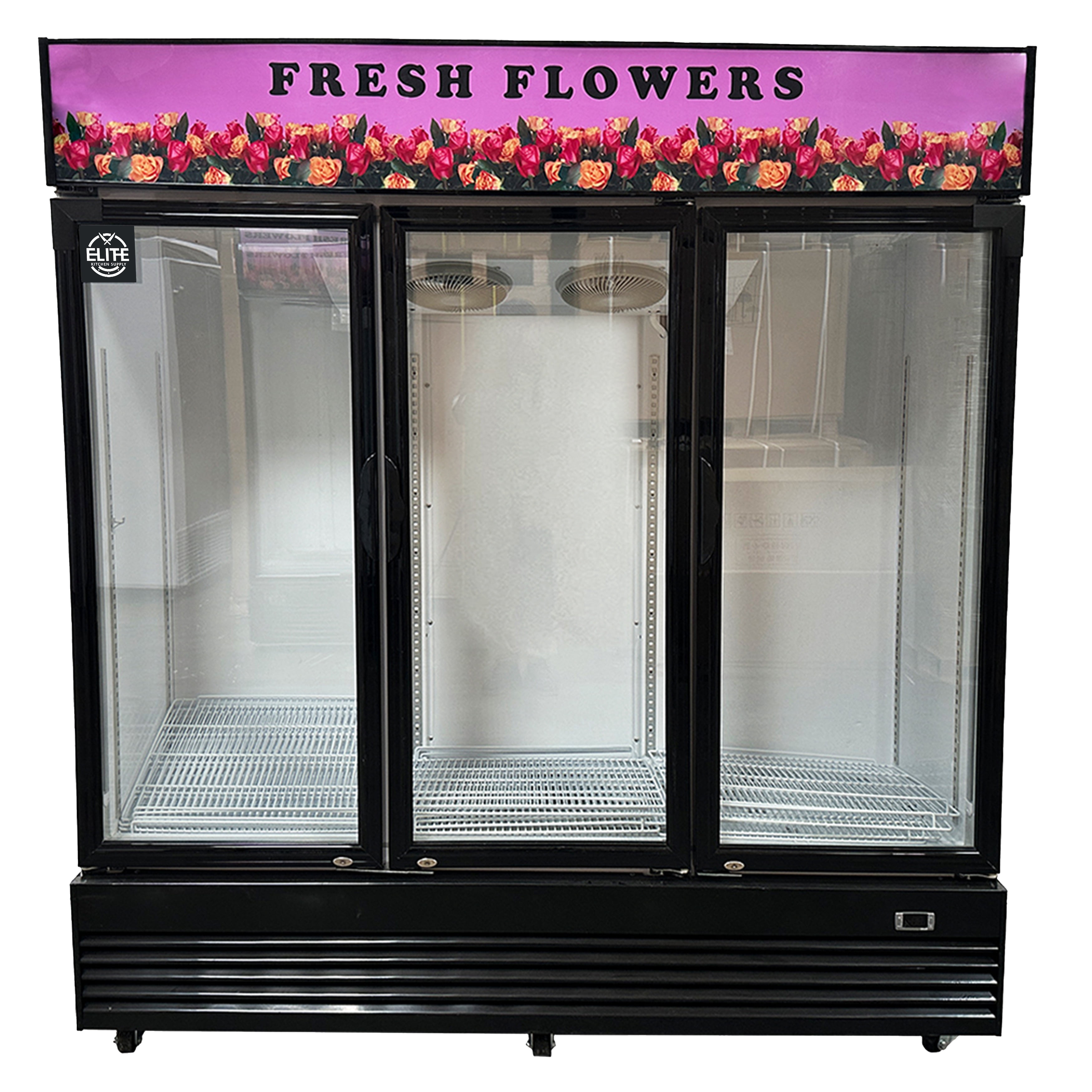 Elite Kitchen 75in Stainless Double-Tempered Glass Door Floral Cooler, 59 Cu.Ft. Commercial Refrigerator