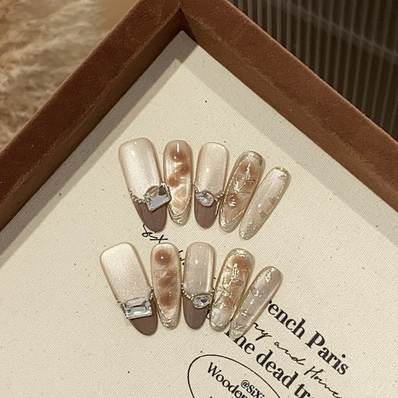 CZ Glitter Texture Handmade Press on Nails for Women Cute Bling Reusable Cute Long Oval Brown Fake Nails