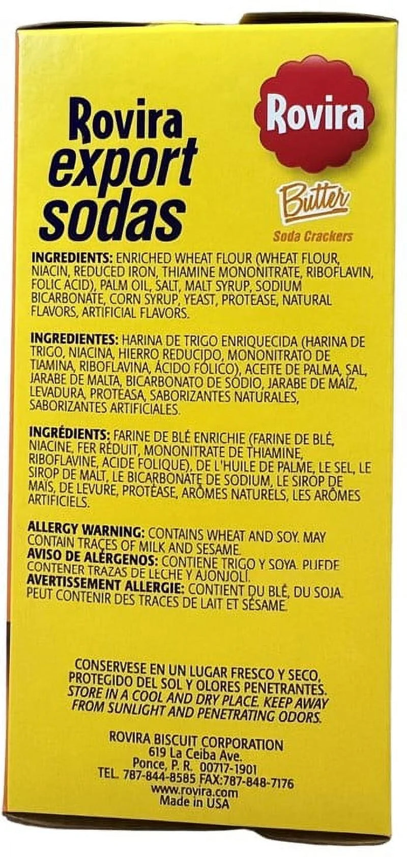 Rovira Export Sodas Butter Soda Crackers, 8.8 oz Box