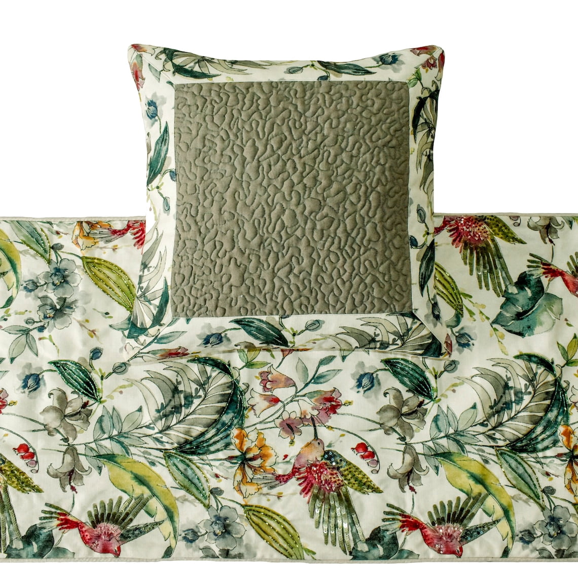The HomeCentric King Queen Twin Ivory & Multi Designer CA King 86"x18" Bed Runner With 2 Pillow Cover, Bird, Sequins & Beaded Bed Scarf on Cotton fabric - Exotic Birds