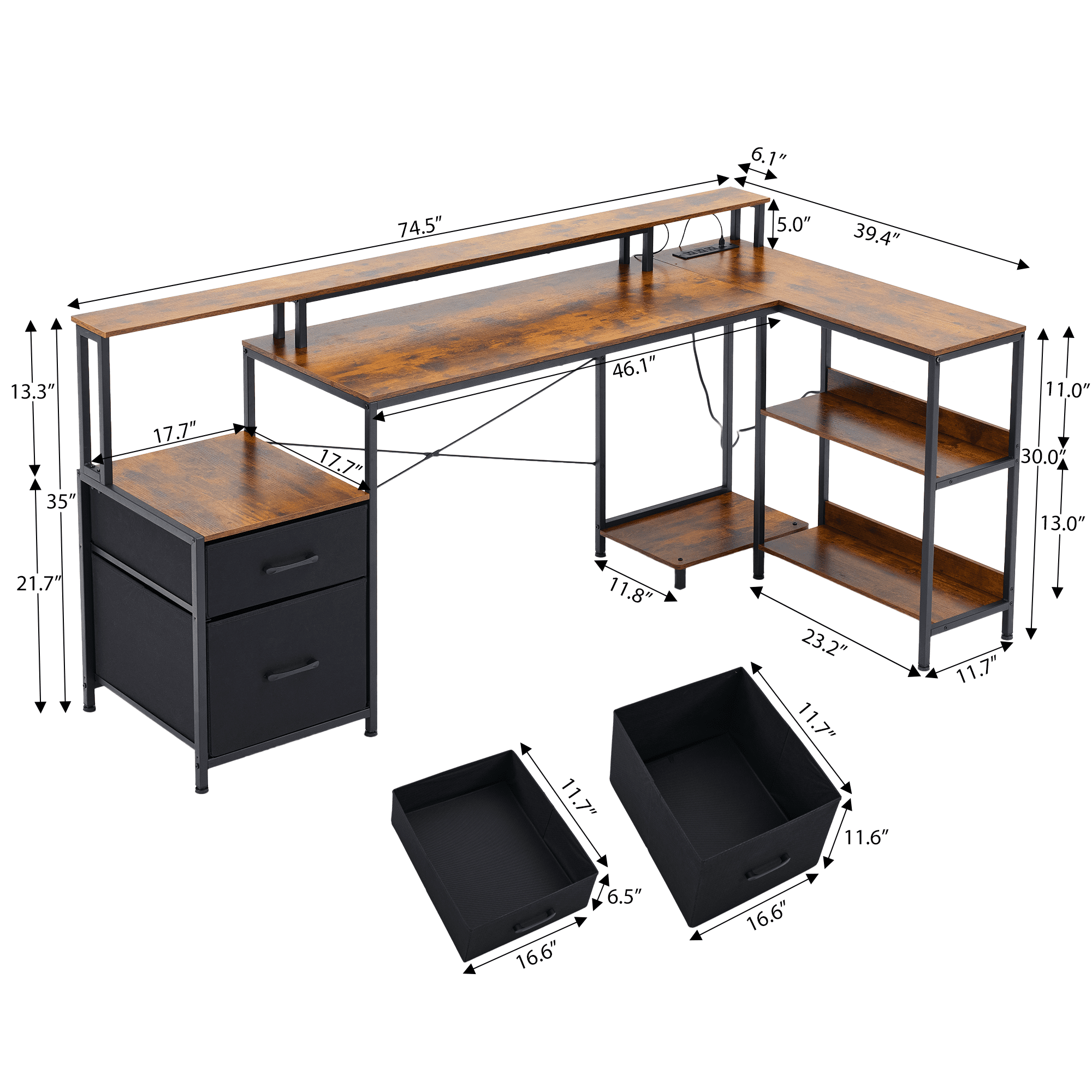 IULULU 75" Reversible L-Shaped Gaming Desk with Power Outlet and LED Strip, Computer Desk with Storage Shelves for Home Office, Rust