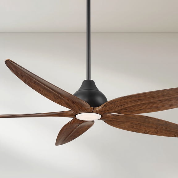 Casa Vieja 60" Lotus Bay Indoor Outdoor Ceiling Fan 5 Blade LED Light Remote Control Matte Black Motor Walnut Finish Blades Damp Rated