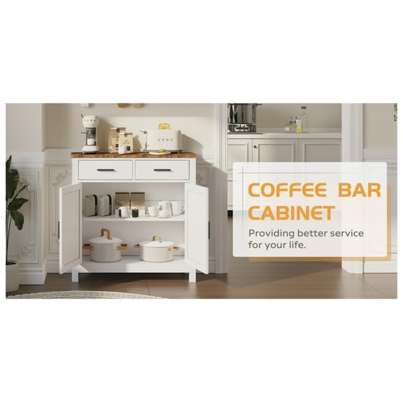 Kitchen Storage Cabinet, Modern Farmhouse Buffet Cabinet with Storage, Coffee Bar with 2 Drawers and 2 Doors, Floor Sideboard Buffet for Living Room, Dining Room, Bathroom,(White)