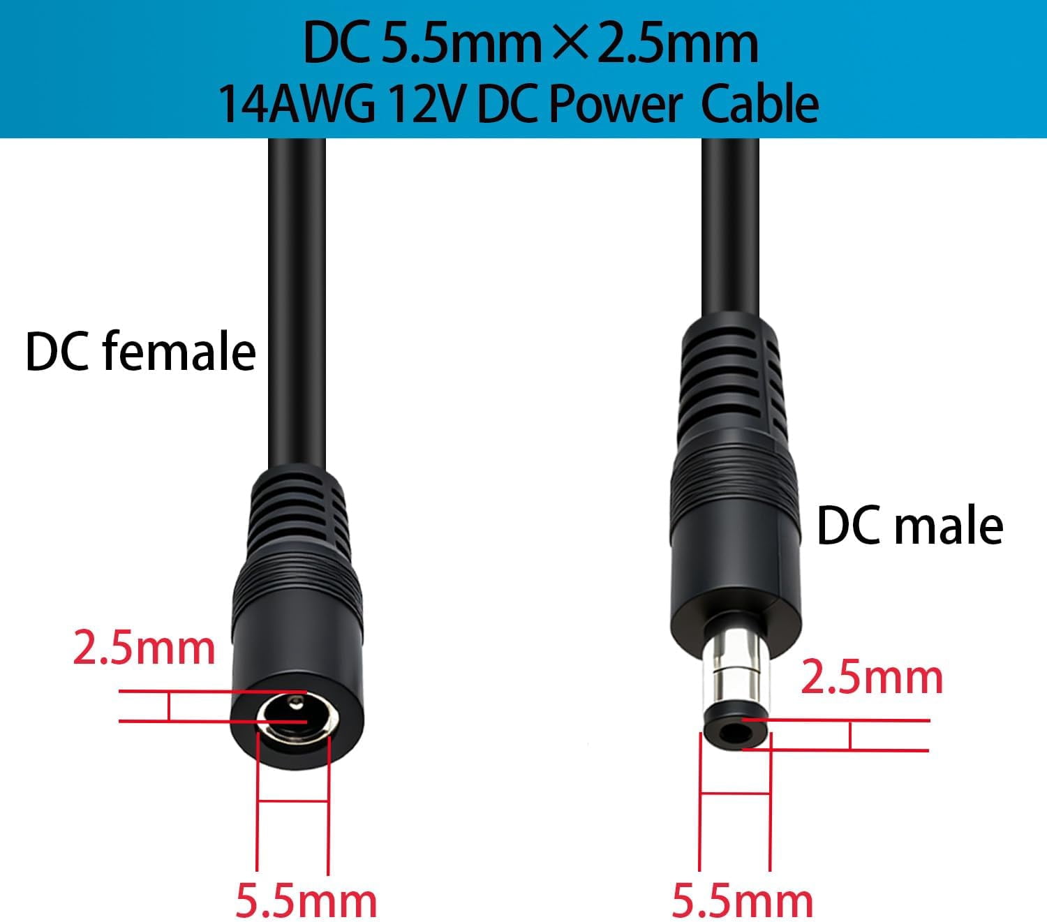 JJEAN-2-Pcs 6.6ft DC 5.5mm x 2.5mm Male to Female Power Extension Cable, 14AWG 12V 24V DC Power Cord for CCTV Camera,Solar Monitor, Solar Panels