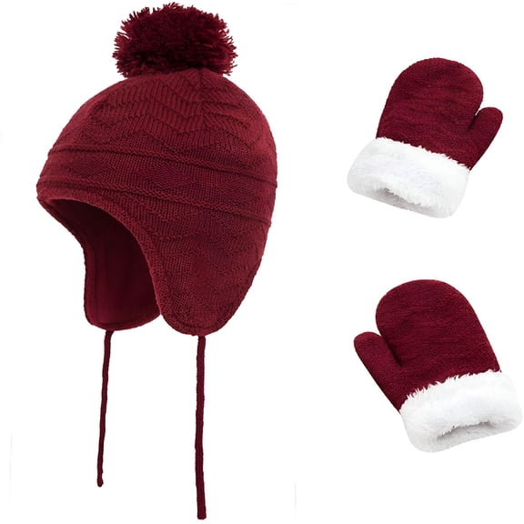 TELOLY Toddler Kids Winter Hat with Mittens Set, Baby Kids Warm Knit Beanie Hat with Earflap and Fleece Gloves for Boys Girls