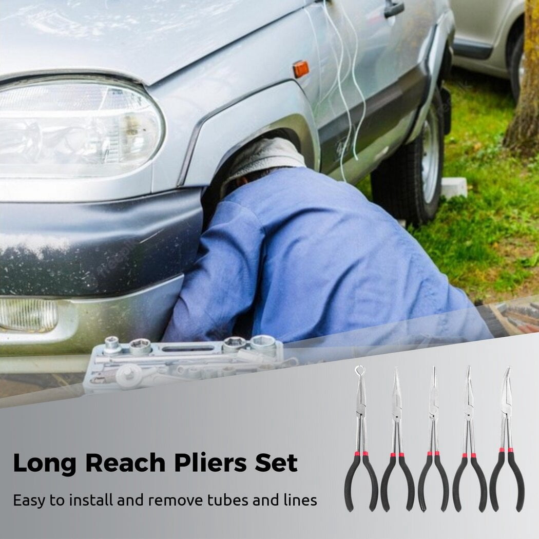 Long Reach Needle Nose Pliers, 5PCS 11" Long Needle Nose Pliers Hose Grippers Set with Pouch, Includes Straight Angle, 25, 45, 90 Degree, O-Typed Long Reach Pliers for Narrow Spaces