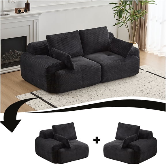 JERFIT Modular Memory Foam Sofa, 2-Seater Sectional Couch with Corduroy Fabric for Living Room, No Assembly Required, Deep Seat Loveseat, Black