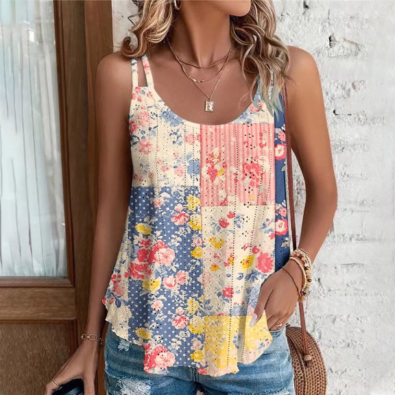 HaoXianJian Summer Womens Summer Tank Top Floral Print Tee Sleeveless T Shirt Casual Loose Fits Tunic Shirts 2025
