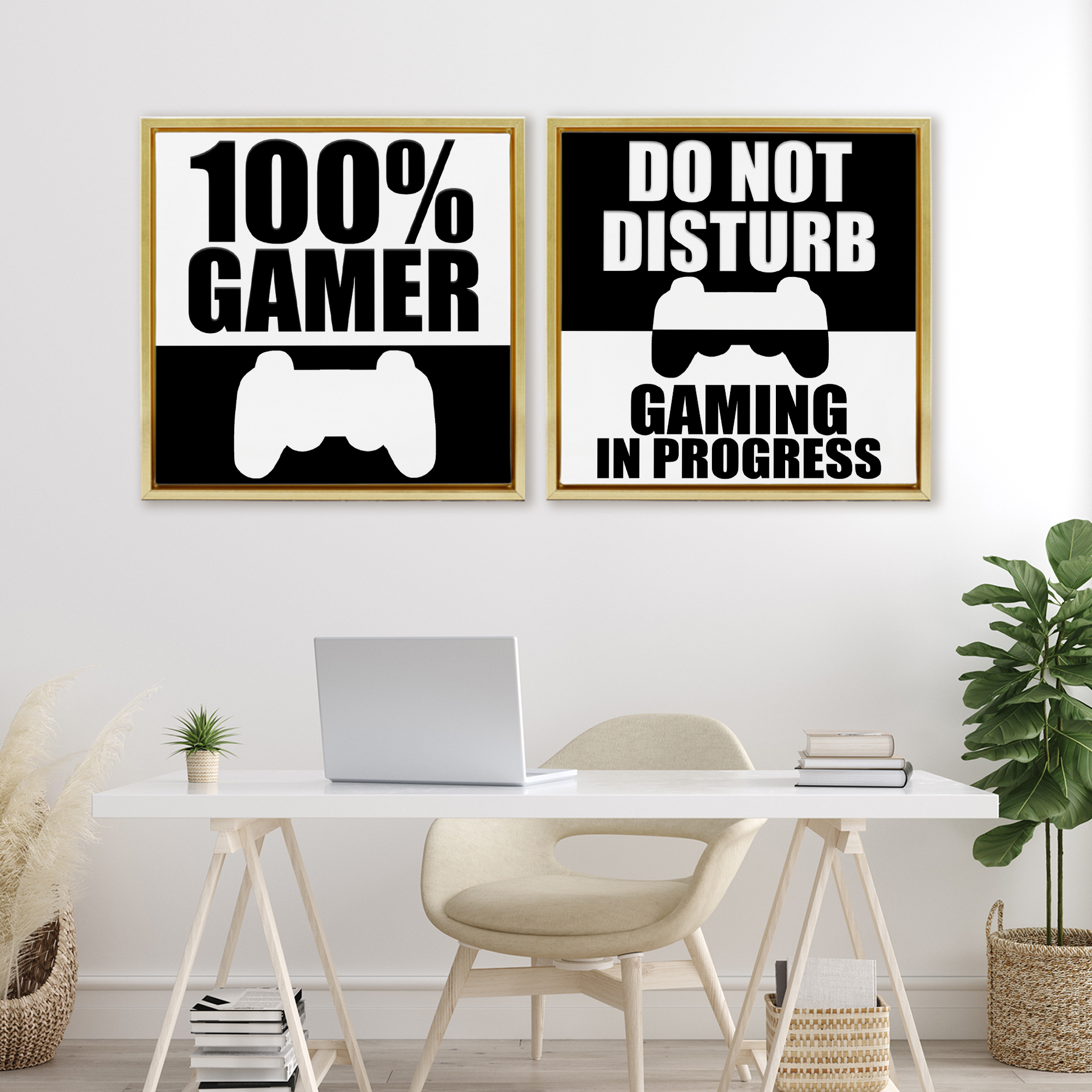Competitive Gamer Black & White 2 Piece Gold Framed Floater Canvas Set, design by Kim Allen