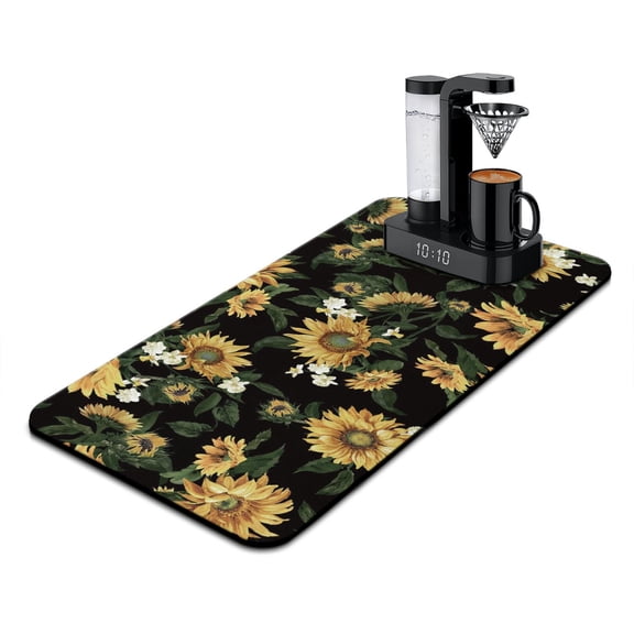 Washable Rubber Sunflower Cute Floral Dish Drying Mats for Kitchen Counter Home Large Coffee Bar Pad Accessories and Decor for Utensils Stemware 17''x31.5''