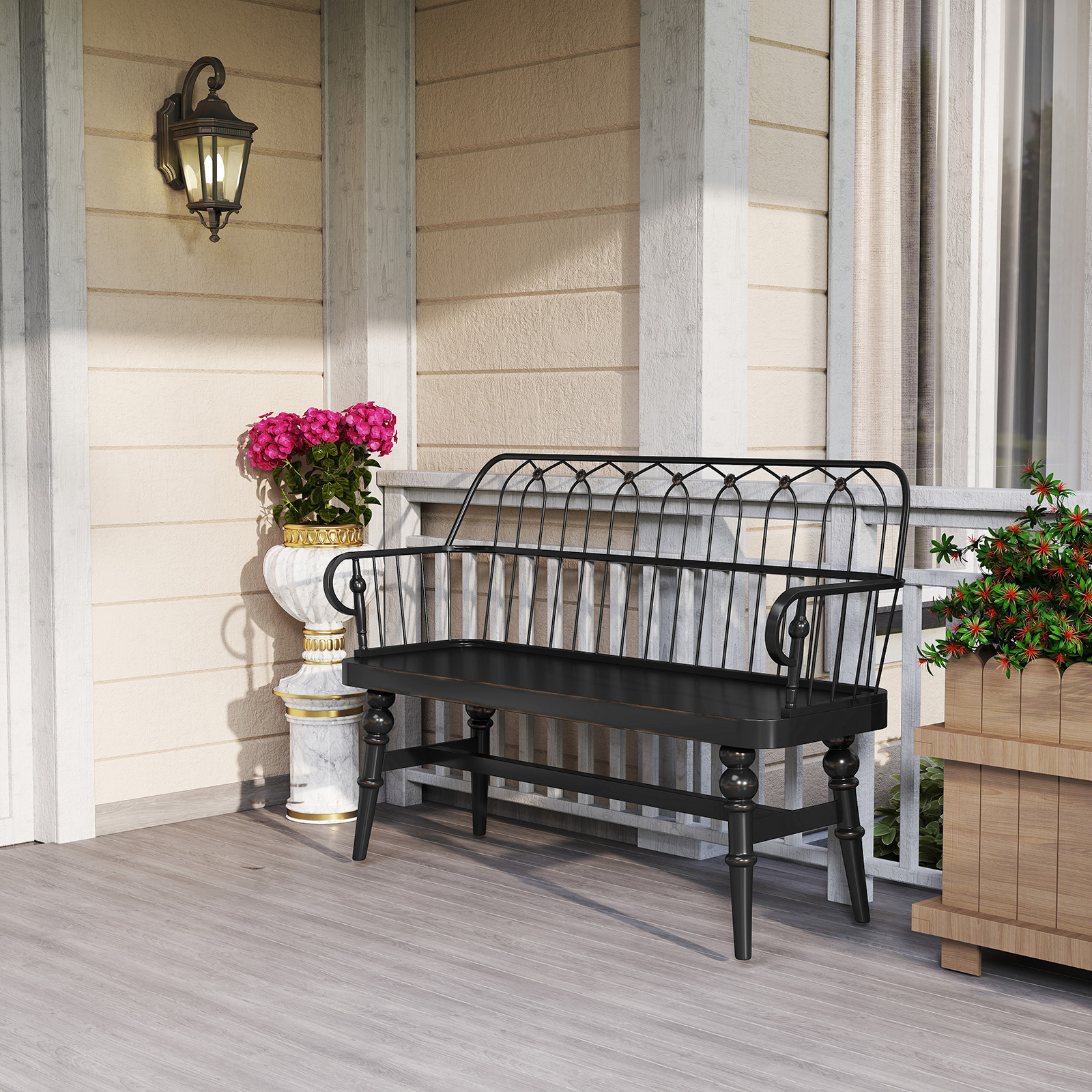 HLR Entryway Bench, Farmhouse Wood with Spindle Back, Black photo 4