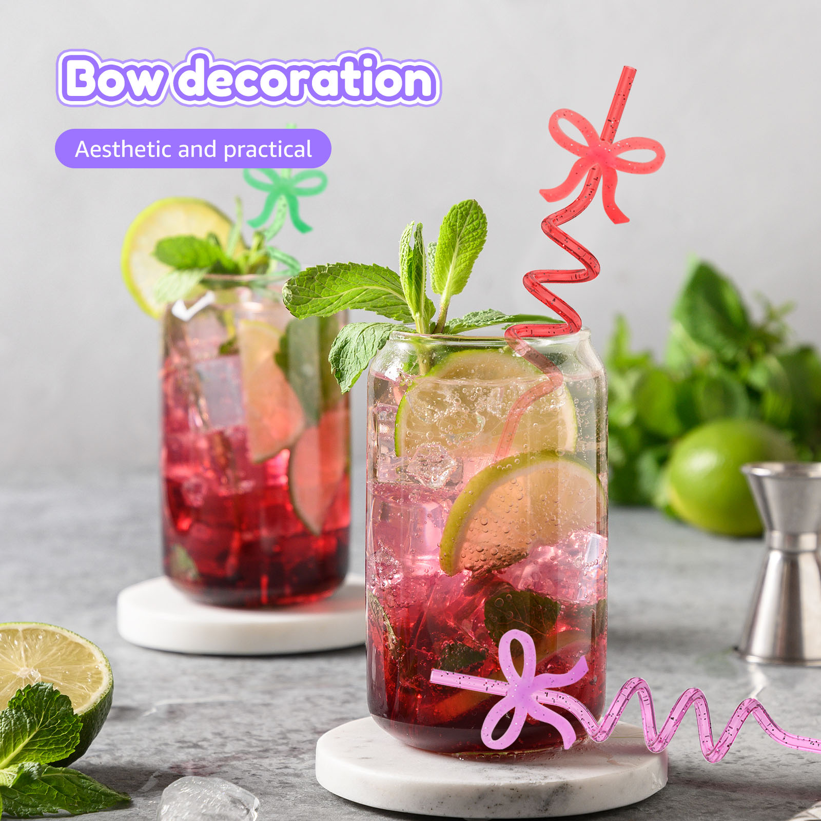 48 Pcs Colorful Straws Reusable Straws Thickened PET Spiral Detachable Bow for Parties