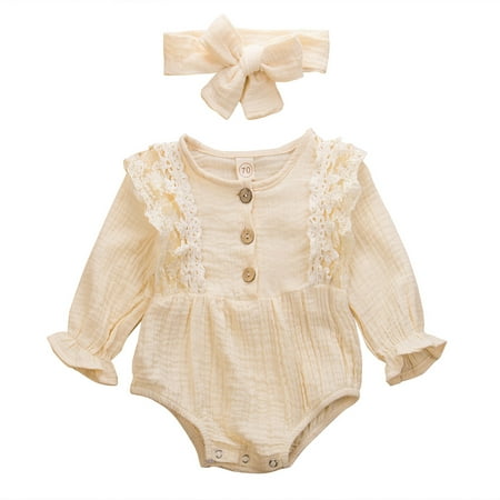 

Fanvereka Romper Lace Edge Baby Girl Fashion Solid Color Lotus Leaf Long Sleeve Top Bow Hair Band